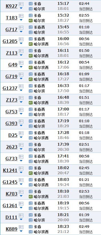 长春到哈尔滨火车站时刻表