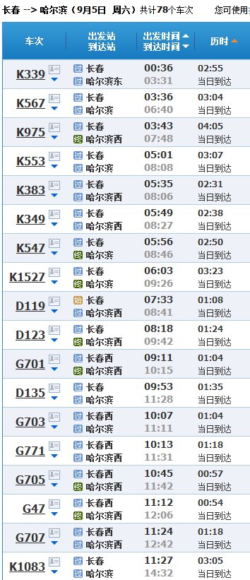 长春到哈尔滨火车站时刻表