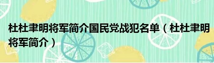 杜杜聿明将军简介国民党战犯名单(杜杜聿明将军简介)