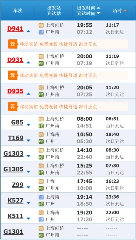 上海至广州火车时刻表